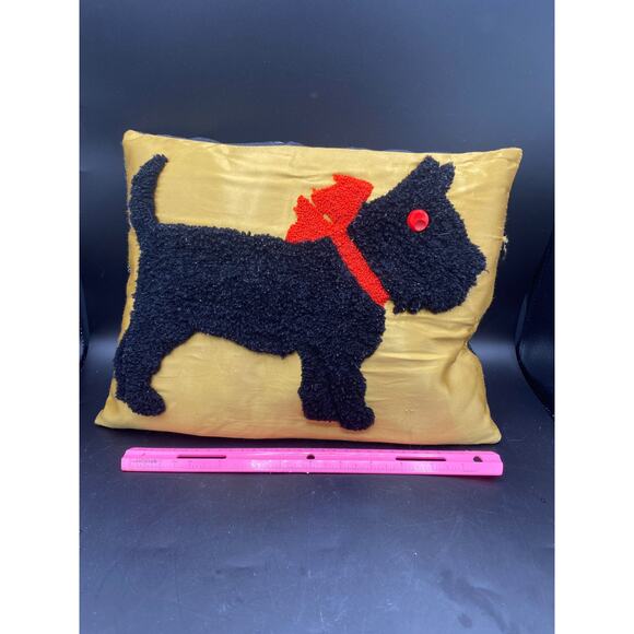 Vintage Hooked Wool Pillow Scottie Dog cream blue Velvet Holiday Decorative - Picture 2 of 5